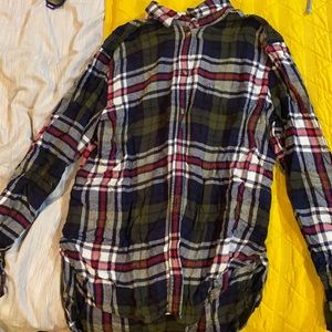 Flannel with dark blue, red, white and olive green